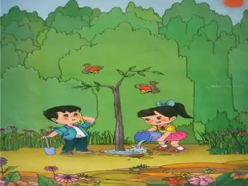 看图写话一年级下册图上有两棵树树上树叶落下来两个小学生在扫树叶