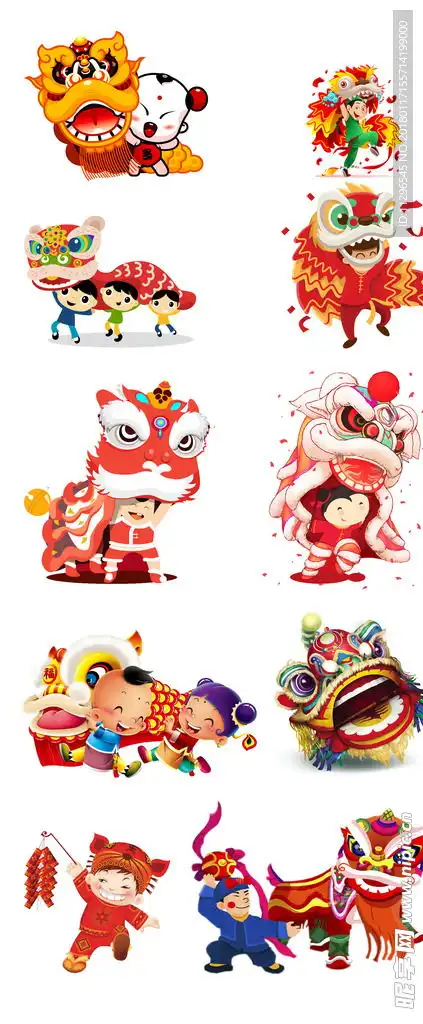 2018年货节新年手绘舞狮素材设计图促销标签淘宝界面设计